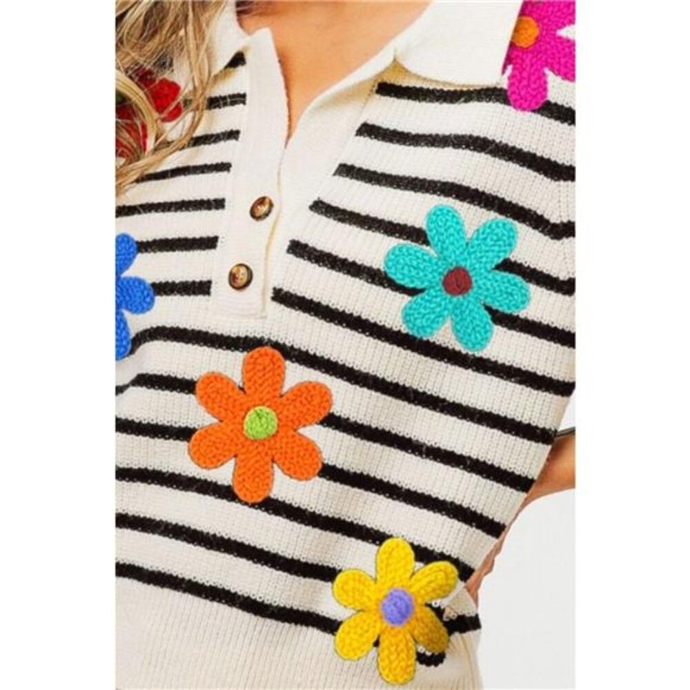 ✨NWT BiBi Flower Patch Striped Half Button Sweate… - image 3